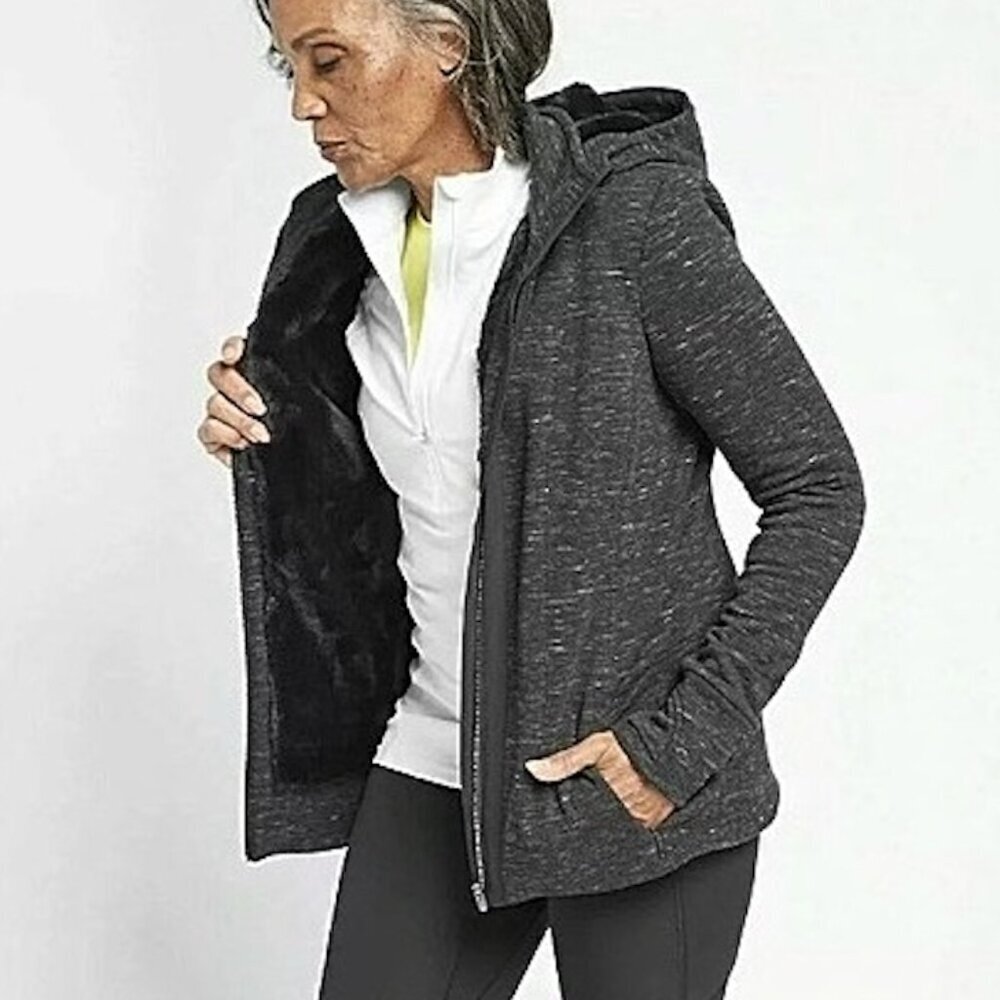 Athleta - FUR LINED Lux Victory Hoodie 383887, Black Heather, Small
